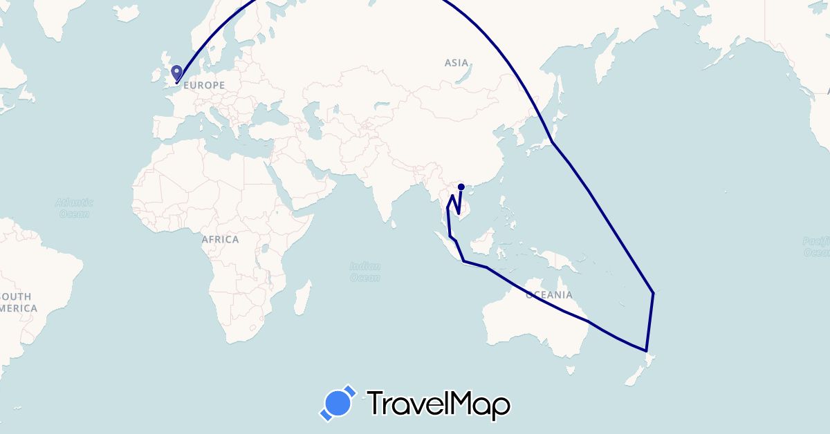 TravelMap itinerary: driving in Australia, Fiji, United Kingdom, Indonesia, Japan, Cambodia, Laos, Malaysia, New Zealand, Singapore, Thailand, Vietnam (Asia, Europe, Oceania)